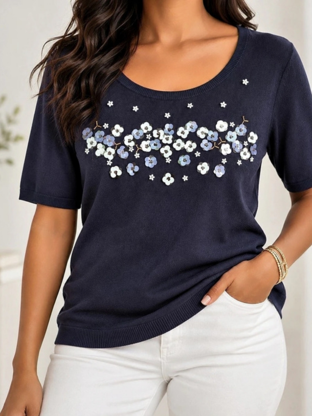 Talbots Floral Sequin Embellished Short Sleeve Sweater Top Navy XL NWT